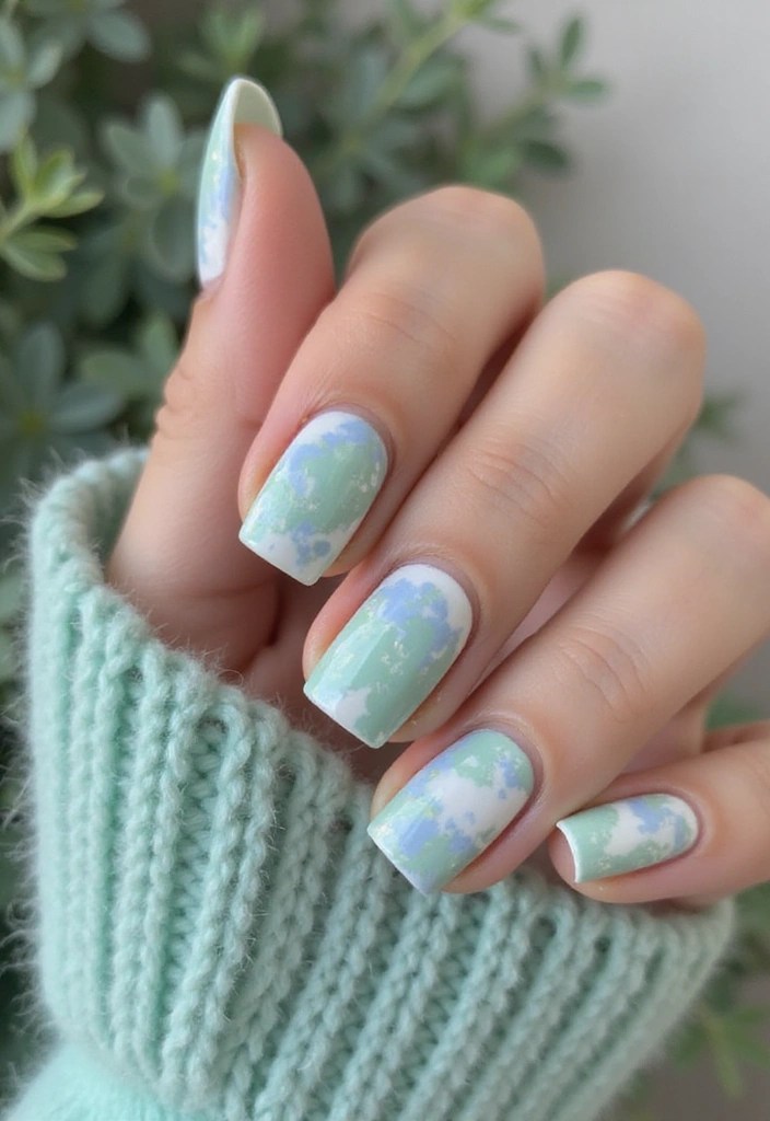 8 Mint Green and Sky Blue Square Nails for a Cool Summer Manicure - 4. Marble Effect