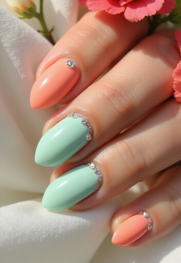 8 Stunning Pastel Almond Nail Designs for Summer Bliss (Find Your Favorite!) - 1. Soft Mint and Coral Splash