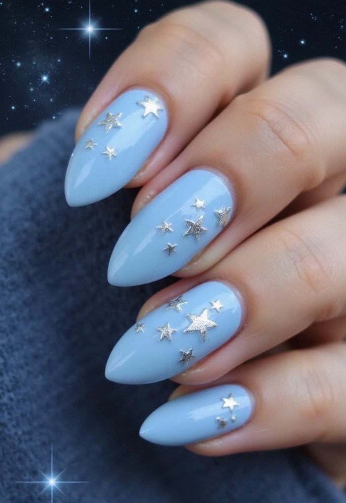 8 Stunning Pastel Almond Nail Designs for Summer Bliss (Find Your Favorite!) - 4. Baby Blue with Silver Stars