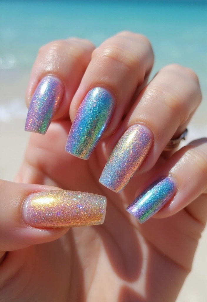 9 Dazzling Glitter Coffin Nails That'll Make You the Star of Every Party! - 2. Iridescent Rainbow Dream
