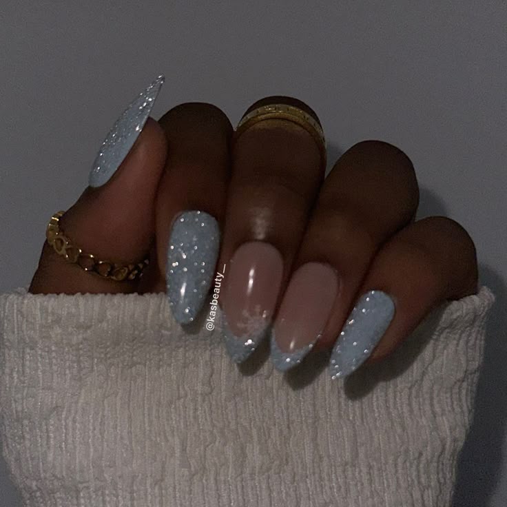 Icy Blue Nails Winter: 14 Irresistible Designs You Can't Miss! - Sparkle and Shine: Glittery Icy Blue Tips