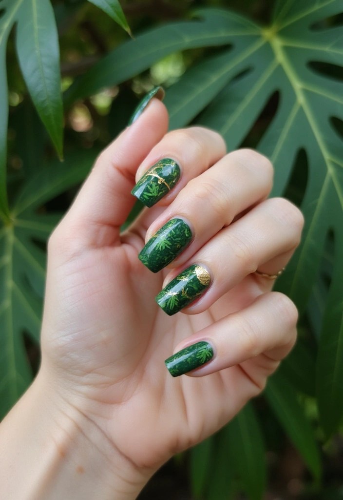 Unlock Your Wild Side with These 12 Stunning Safari Nail Designs! - 3. Jungle Leaf Designs