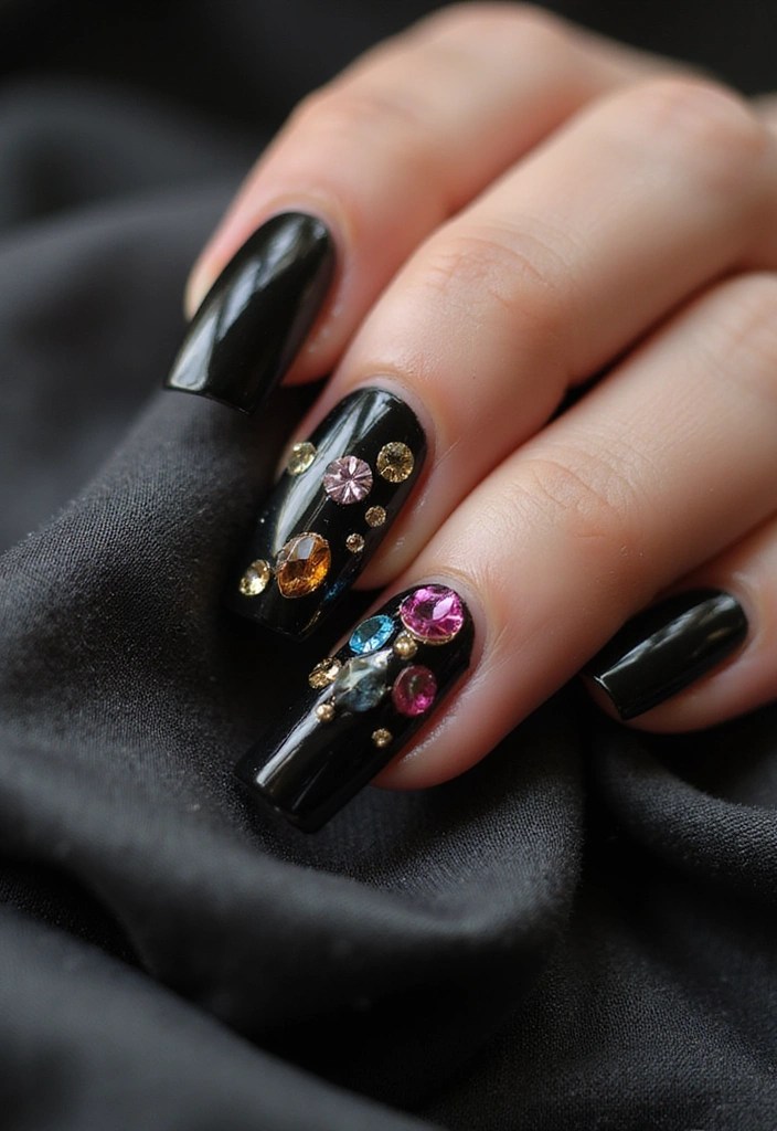 10 Black Nail Designs That Are Bold, Minimalist & Trending Everywhere - 10. Black Nails with Jewel Accents