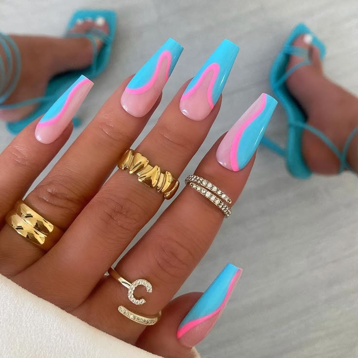 10 Coffin Summer Nails That Are Bold, Bright & Seriously Hot Right Now - 1. Bright Waves of Blue and Pink