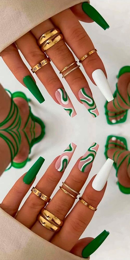 10 Coffin Summer Nails That Are Bold, Bright & Seriously Hot Right Now - 6. Bold Green Swirls