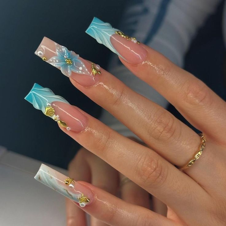 10 Coffin Summer Nails That Are Bold, Bright & Seriously Hot Right Now - 7. Elegant Ocean Vibes
