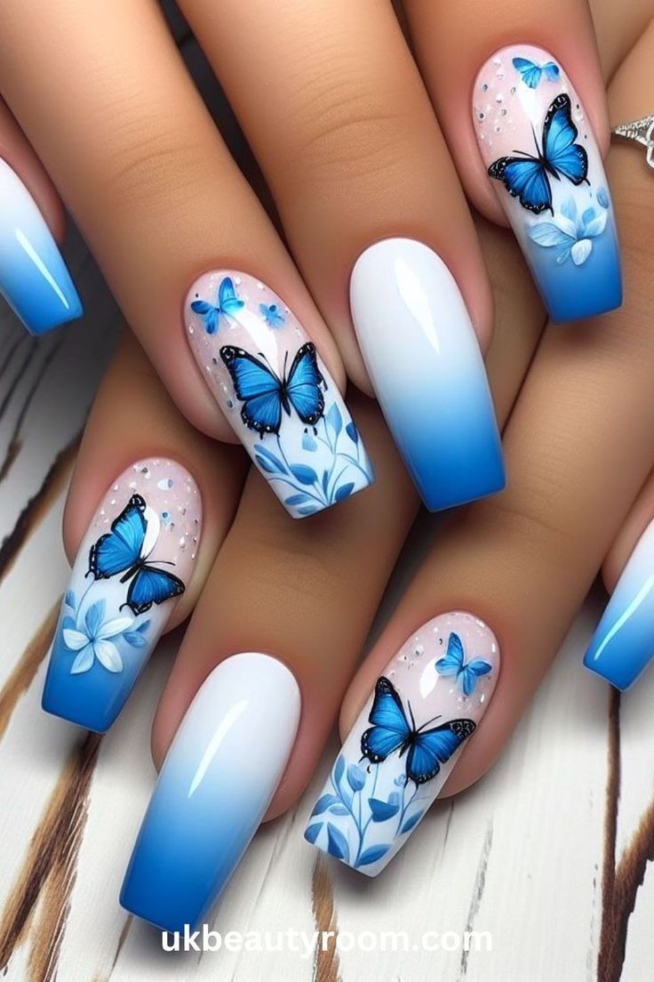 11 Blue Butterfly Nail Ideas That Are Delicate, Dreamy & Trending on Pinterest - Butterfly and Floral Combo
