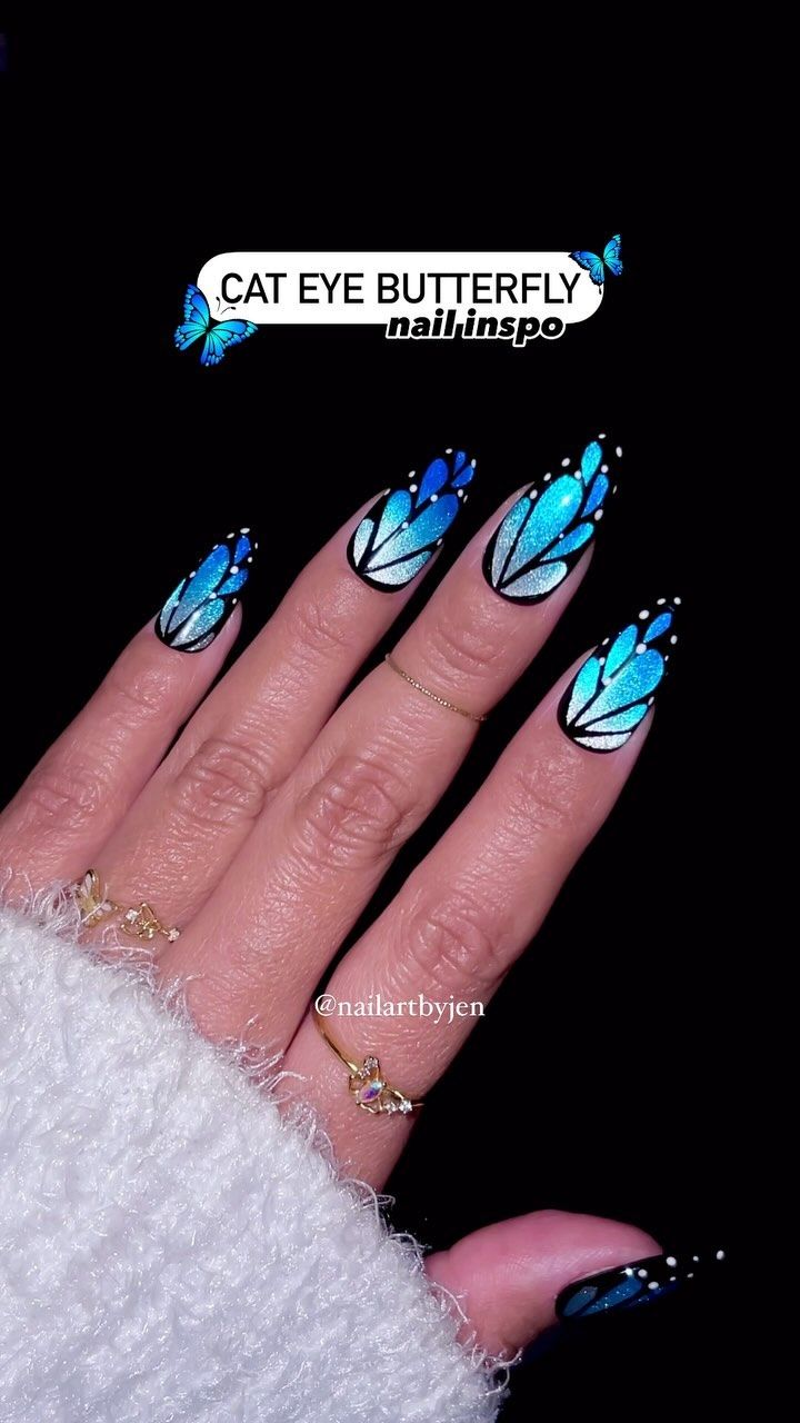 11 Blue Butterfly Nail Ideas That Are Delicate, Dreamy & Trending on Pinterest - Cat Eye Butterfly Magic