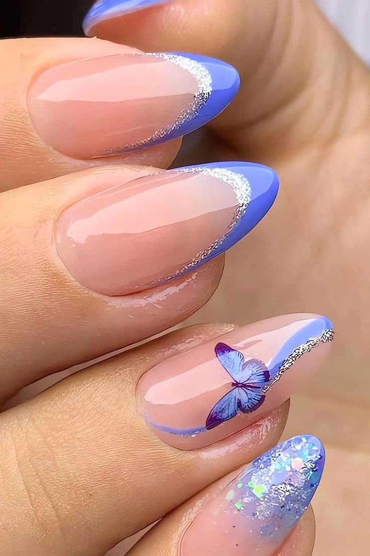 11 Blue Butterfly Nail Ideas That Are Delicate, Dreamy & Trending on Pinterest - Elegant French Tip with Butterfly Accent