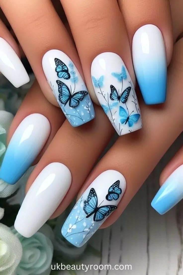 11 Blue Butterfly Nail Ideas That Are Delicate, Dreamy & Trending on Pinterest - Ombre Blue Butterfly Delight