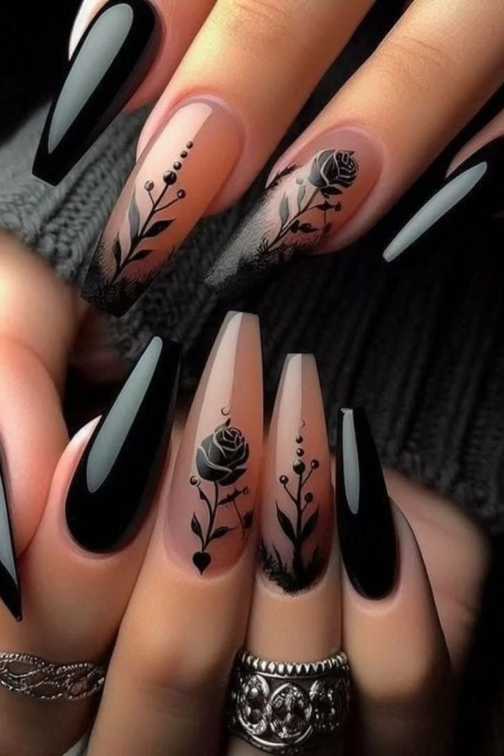 11 Chic Black Nail Designs That Aren’t Basic - Floral Elegance