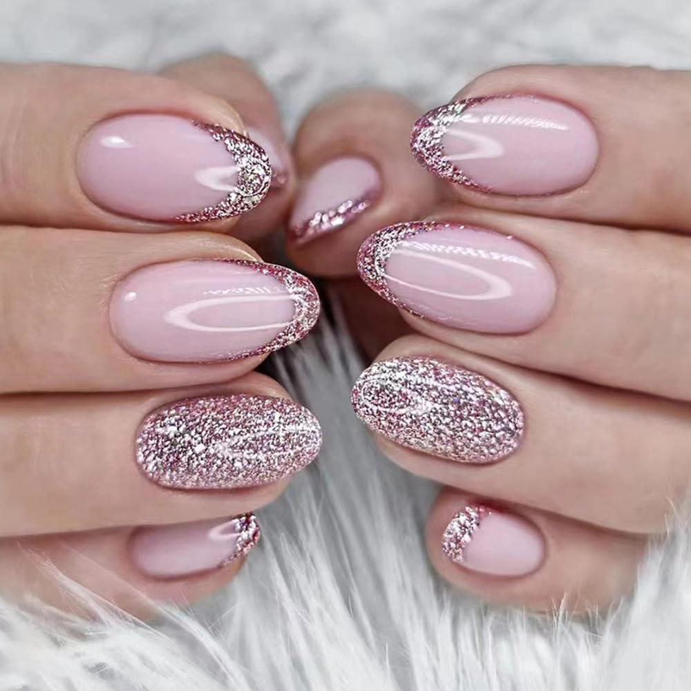 11 Pink Oval Nails That Are Soft, Chic & Totally Aesthetic - Glittery Elegance