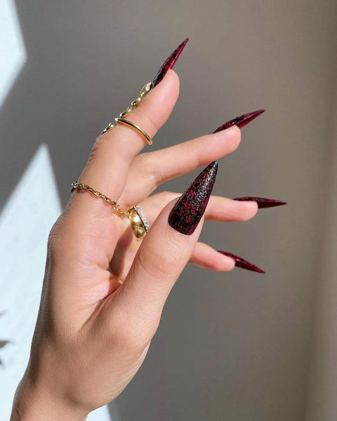 11 Simple Edgy Nails That Will Make You Stand Out (You Won't Believe #5!) - 5. Burgundy Stiletto Sparkle
