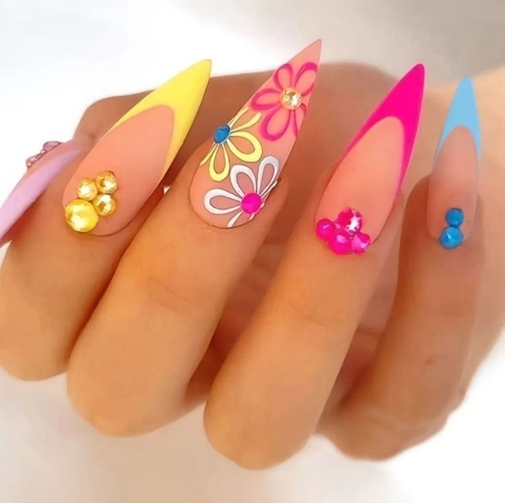 13 Almond Nails with Gems That Look Like Luxury on Your Fingertips - 12. Colorful Party Nails