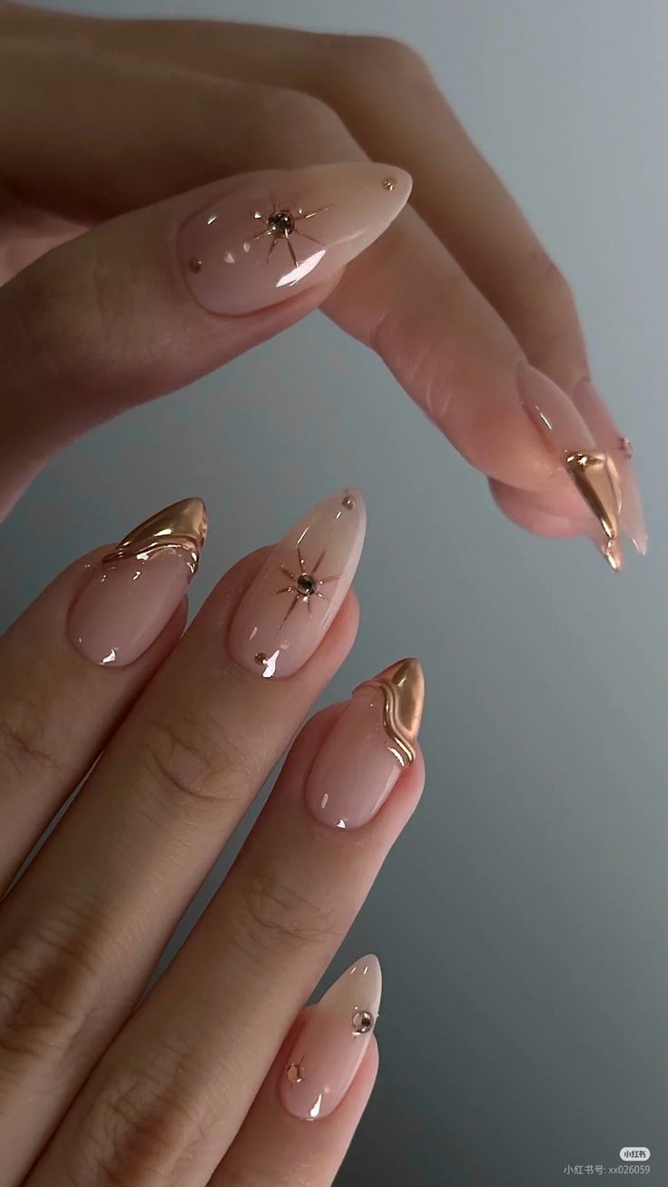 17 Elegant Nude Nail Art Ideas That Will Make You the Star of Every Occasion! - Glittering Gold Accents