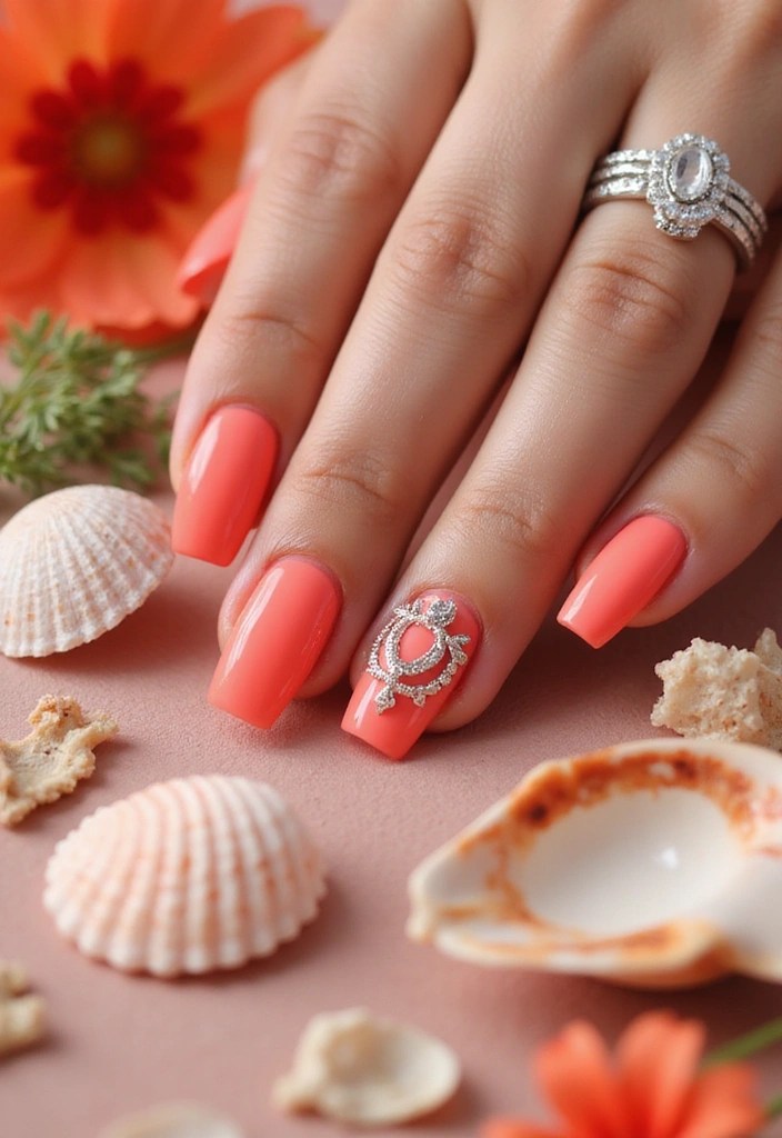 6 Demure BIAB Nail Ideas for an Elegant Summer Look 💅 - 6. Coral with Geometric Accent Nail