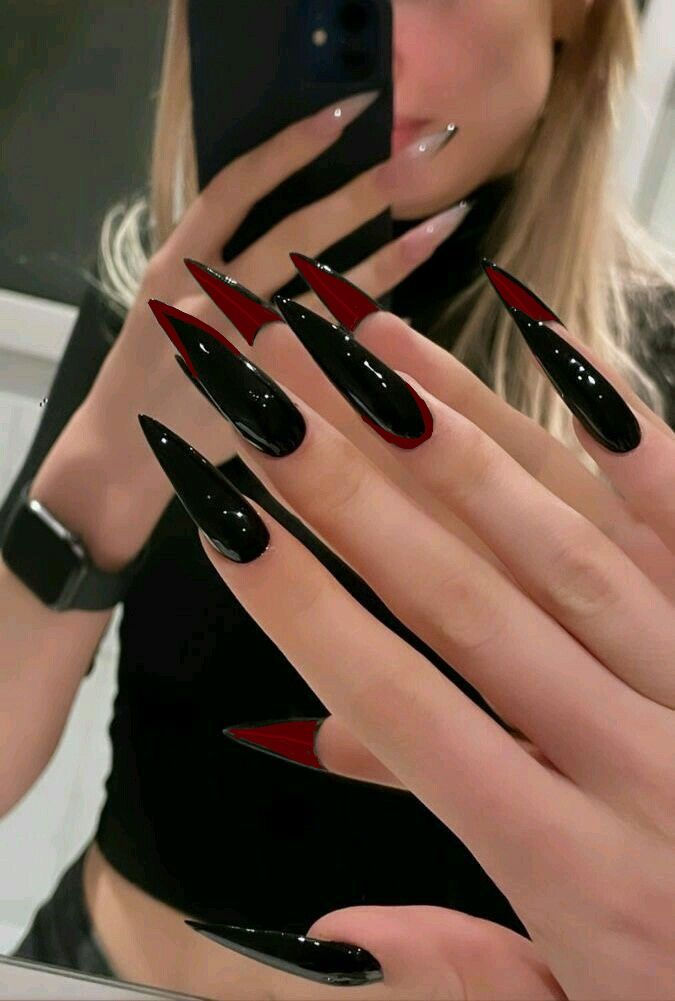 6 Soft Girl Stiletto Nail Designs You Must Try Before Summer Ends 🌞 - 1. Edgy Elegance: Black and Red Stilettos