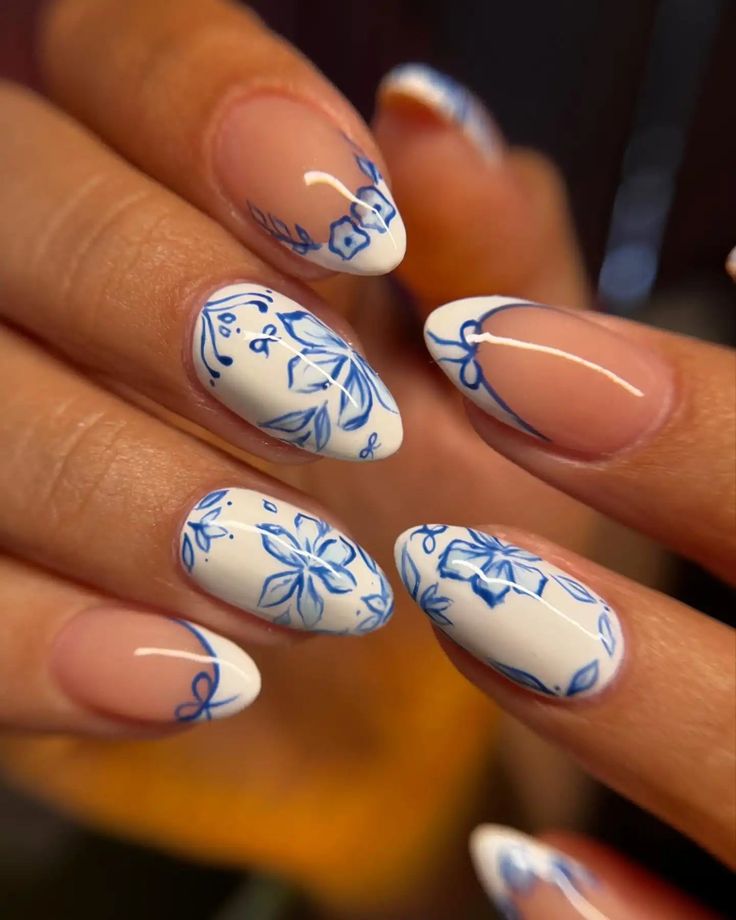 6 Stunning Blue Flower Nail Art Ideas You Need to Try Today! - 1. Elegant Blue Floral Elegance