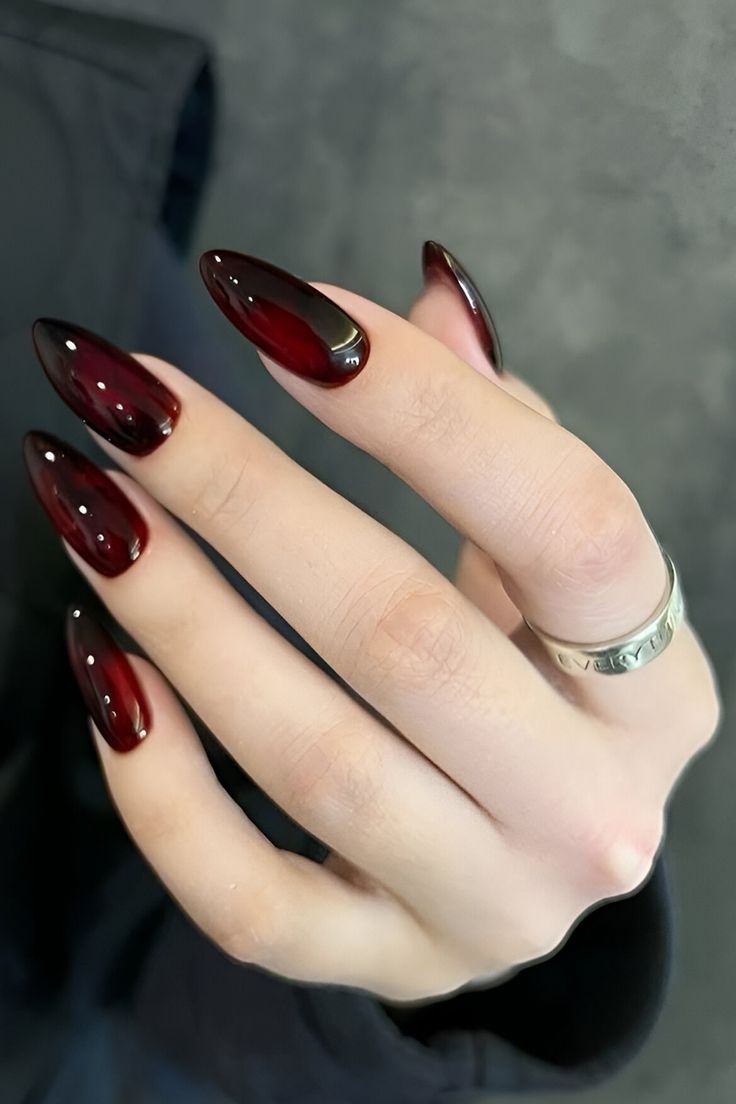 7 Bold Red Nails Chrome Designs That Are Sleek, Sexy & Statement-Making - Glossy Dark Red Fade