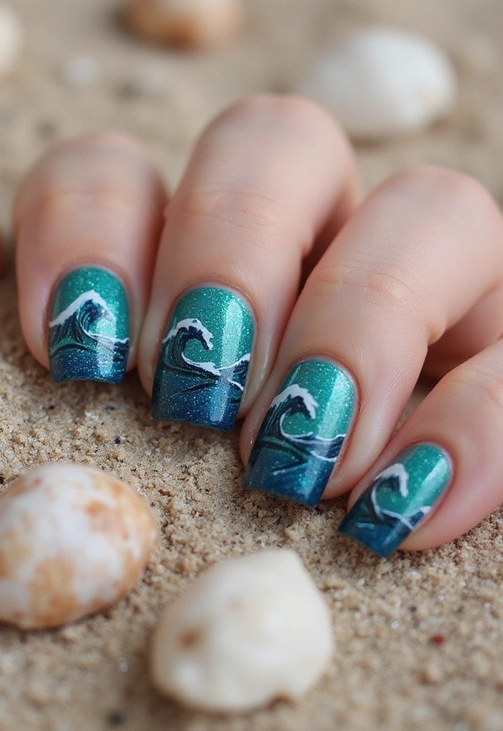 8 Blue Green Nails That Are Fresh, Fun & Totally Vibe With Summer - 1. Ocean Waves Nail Art