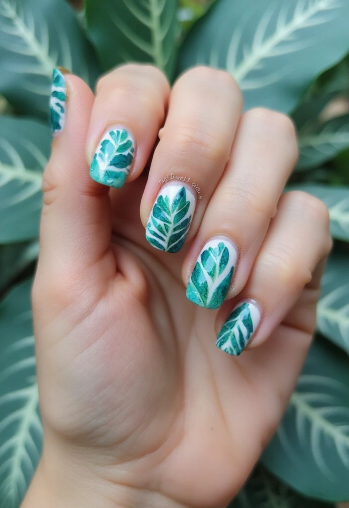 8 Blue Green Nails That Are Fresh, Fun & Totally Vibe With Summer - 2. Tropical Leaf Designs