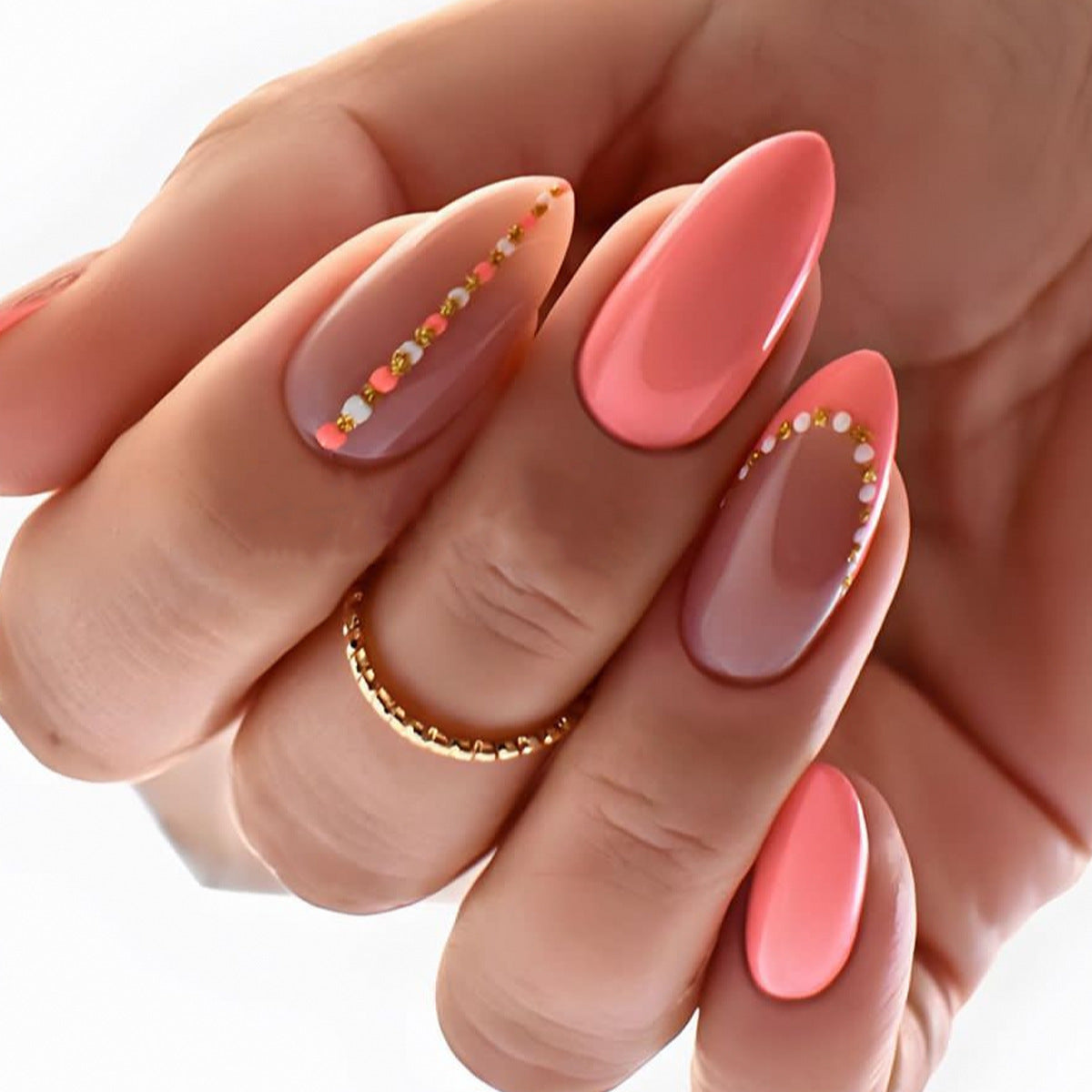 8 Peachy Summer Nail Ideas for Almond Shapes 🍑 - 4. Peachy Geometric Patterns