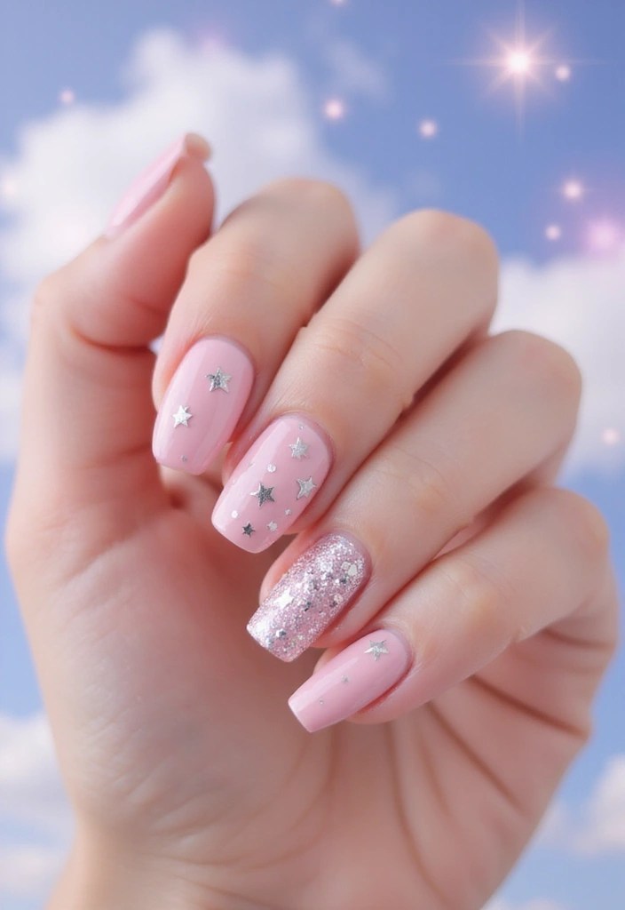 8 Pink Nails with Glitter That Are Sweet, Sparkly & Total Eye Candy! - 6. Pale Pink with Star Shaped Glitter