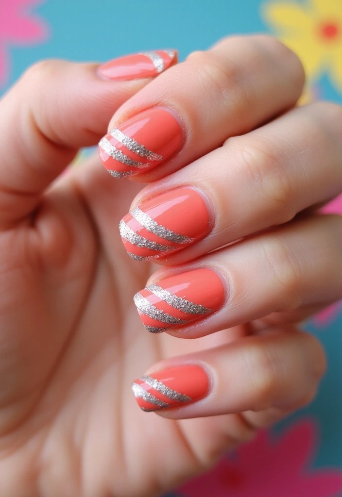 8 Pink Nails with Glitter That Are Sweet, Sparkly & Total Eye Candy! - 8. Coral Pink with Silver Glitter Stripes