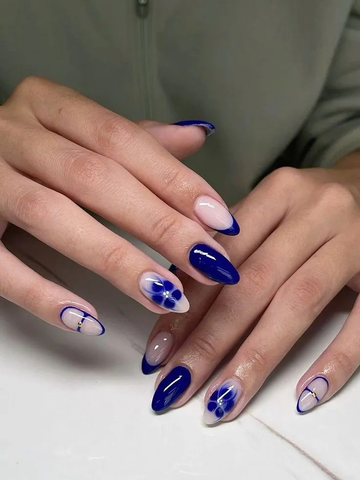 5 Elegant Almond Nail Ideas for Summer Dinner Dates 🌙 - Elegant Royal Blue Floral 🌸