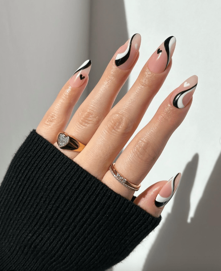 5 Elegant Almond Nail Ideas for Summer Dinner Dates 🌙 - Modern Black & White Waves 🌊