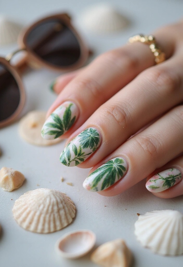 7 Almond Nail Art Ideas to Elevate Your Summer Photoshoots 📸 - 1. Tropical Vibes with Palm Leaves