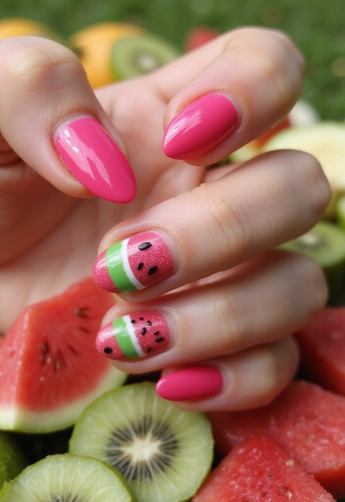7 Almond Nail Art Ideas to Elevate Your Summer Photoshoots 📸 - 2. Fruity Fun with Watermelons